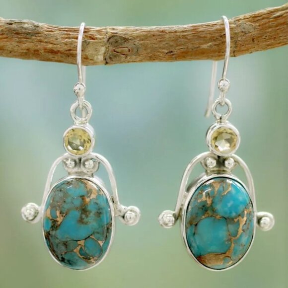 New Womens Turquoise & Crystal Drop Hook Earrings - Picture 2 of 2